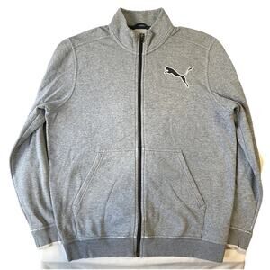 Puma Men Sweatshirt Jacket L Gray Fleece Activewear Logo Long Sleeve Full Zip